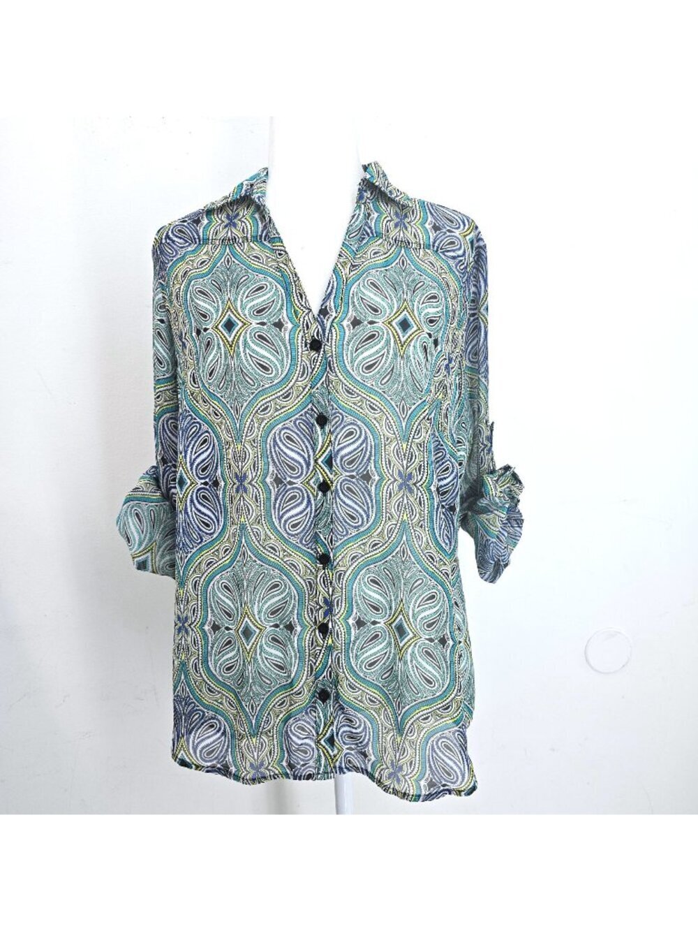 NY & Company Blue Green Roll Tab Geo Paisley Sheer Button Down Shirt Women L
